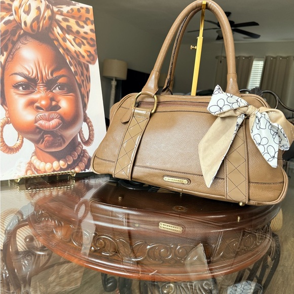Burberry Handbags - Burberry Tan Leather Satchel with Scarf Accent